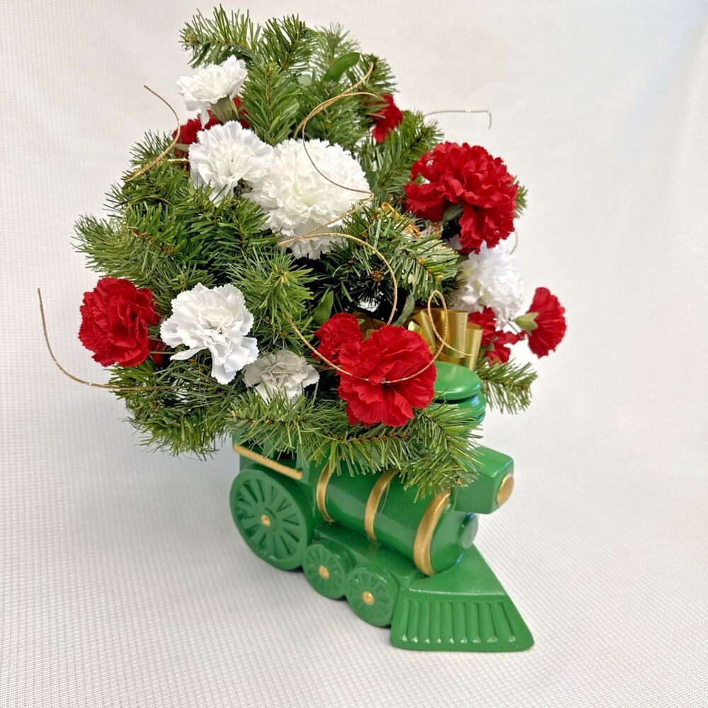 Vintage Green Train Holiday Carnation Greens Arrangement Festive Table Display